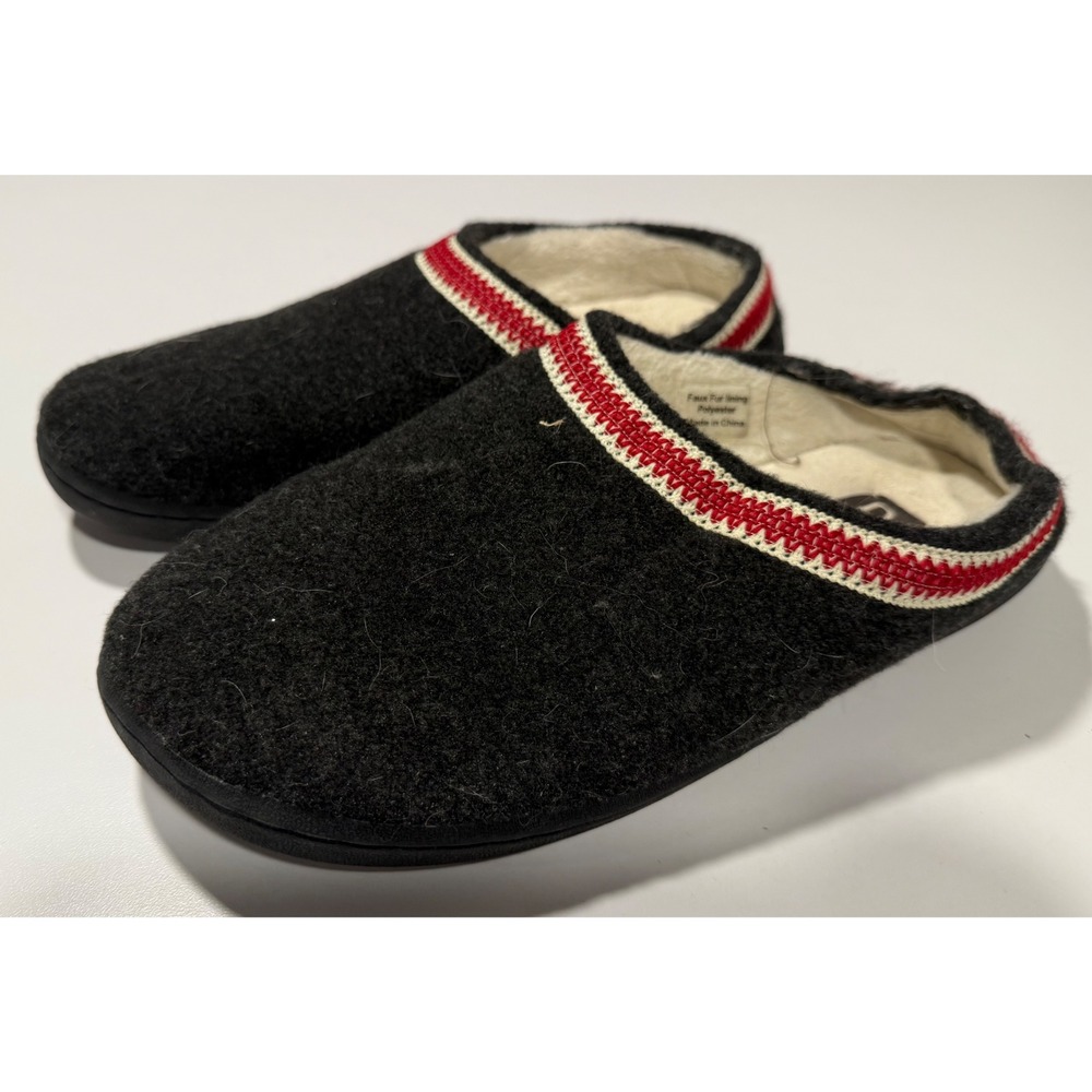 Clarks Mens Black Leather Clog Slippers Red Trim Faux Fur Lined 10M 429313509